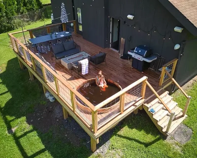Aerial view of cedar hot tub installation on deck in the Hudson Valley