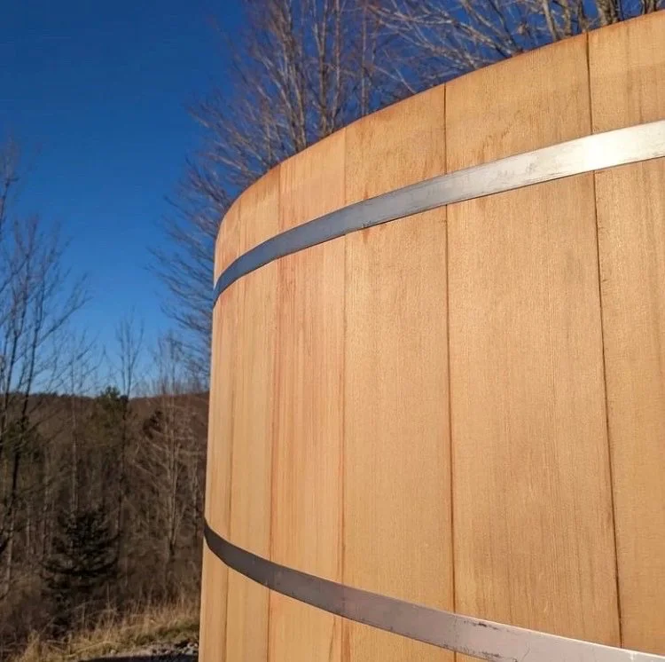 Cedar hot tub in a natural Hudson Valley landscape setting
