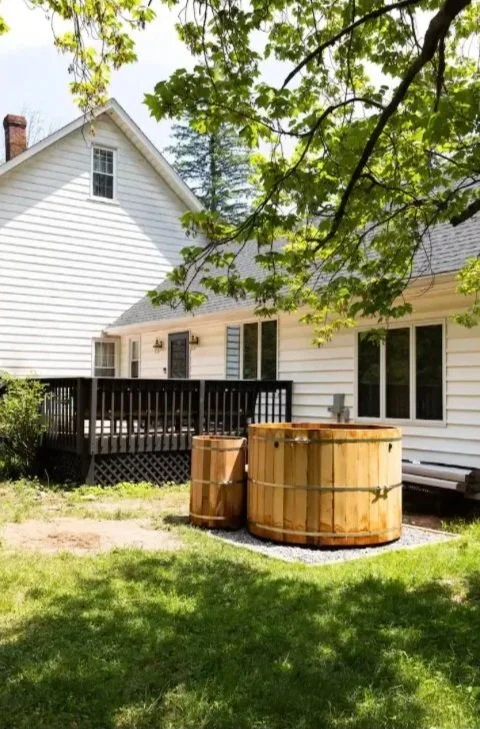 Cedar hot tub detail showing natural wood grain and cooperage construction