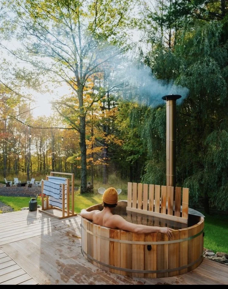 Cedar hot tub on a deck in the Hudson Valley