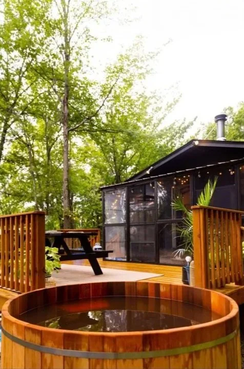 Cedar hot tub with views across the Hudson Valley