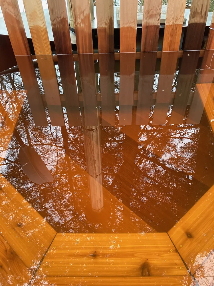 Cedar hot tub with mountain views in the Hudson Valley