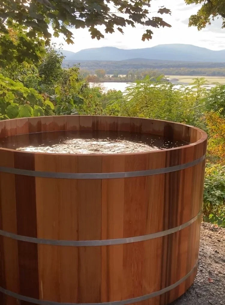 Cedar hot tub detail showing stave and band cooperage construction